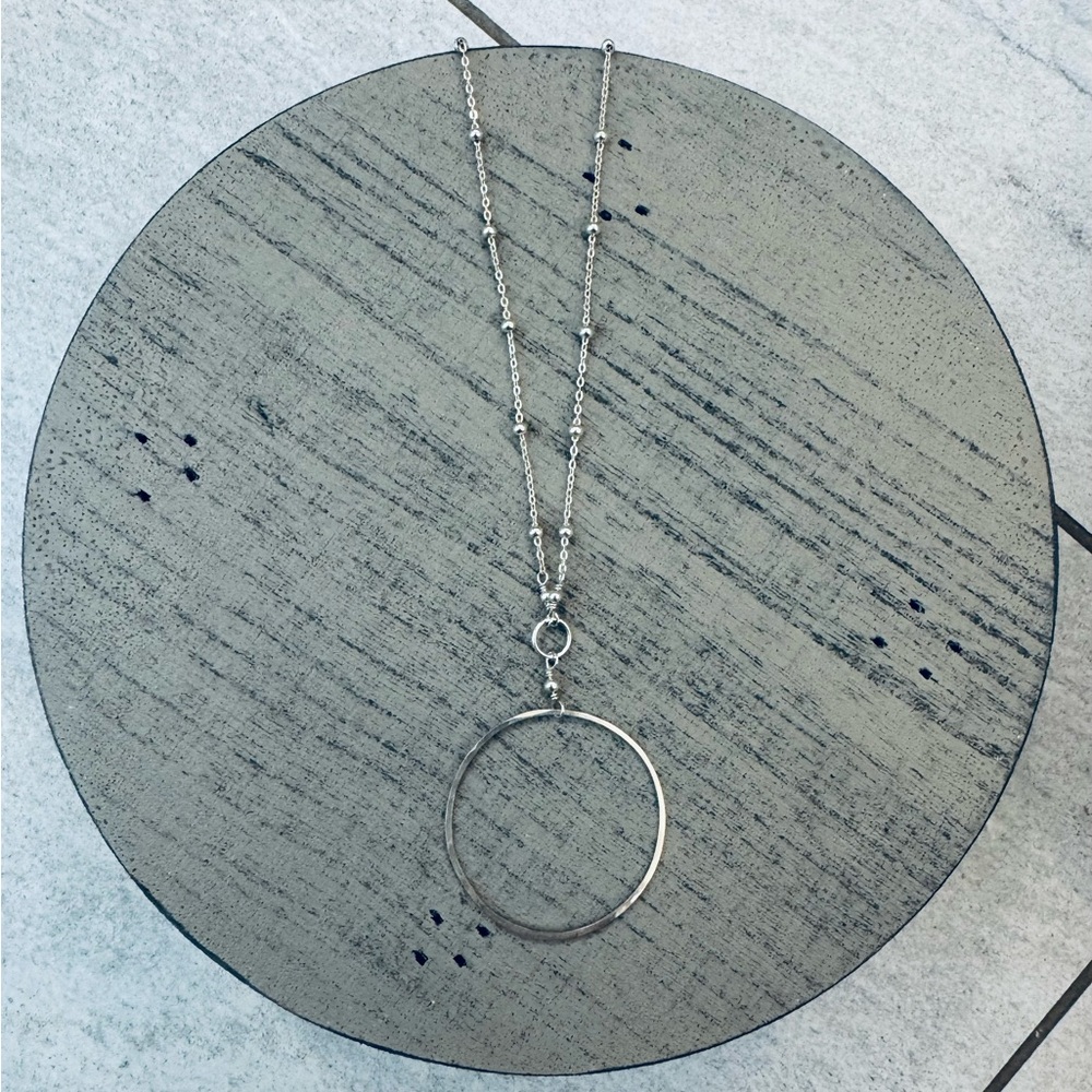 Delicate Sterling Silver Beaded 18” Necklace w/ 2” Round Pendant. Pristine.